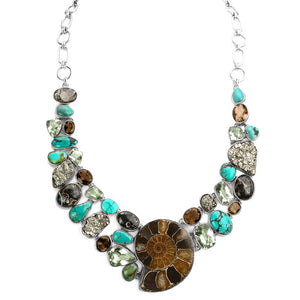 Gorgeous Large Ammonite, Turquoise, Green Amethyst and Mixed Gemstones Statement Necklace