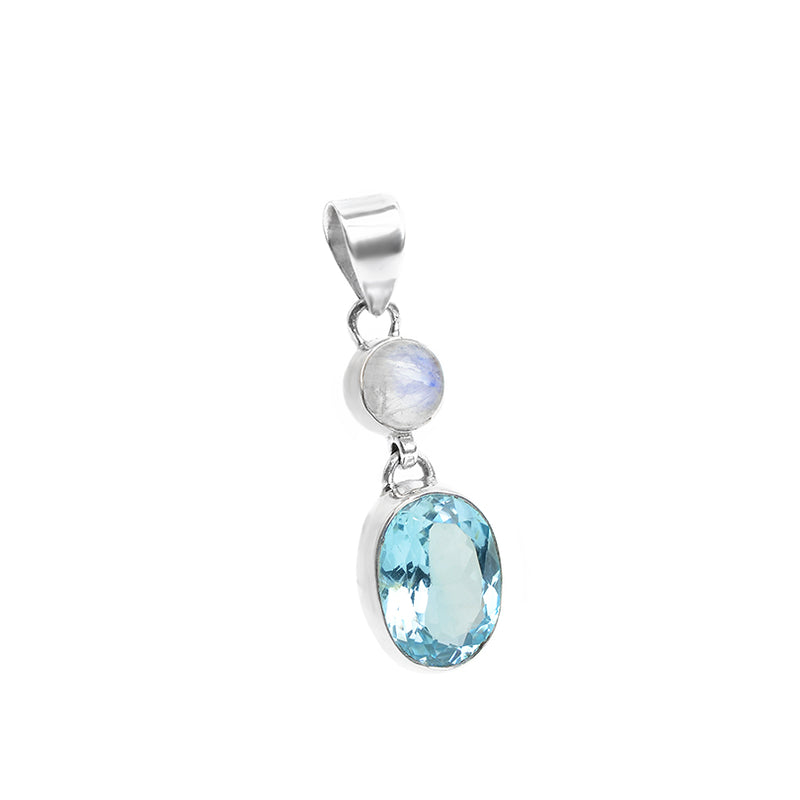 Vibrant Faceted Blue Topaz with Rainbow Moonstone Sterling Silver Statement Pendant