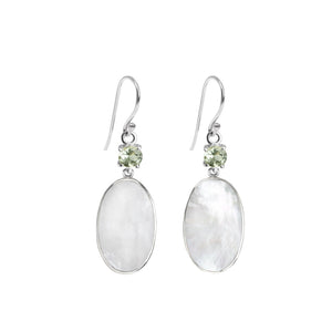 Shimmering Faceted Green Amethyst and Mother of Pearl Sterling Silver Earrings
