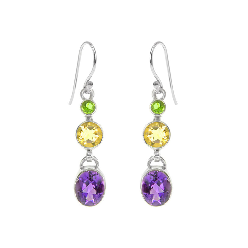 Colorful and Gleaming Amethyst, Citrine and Peridot Sterling Silver Earrings