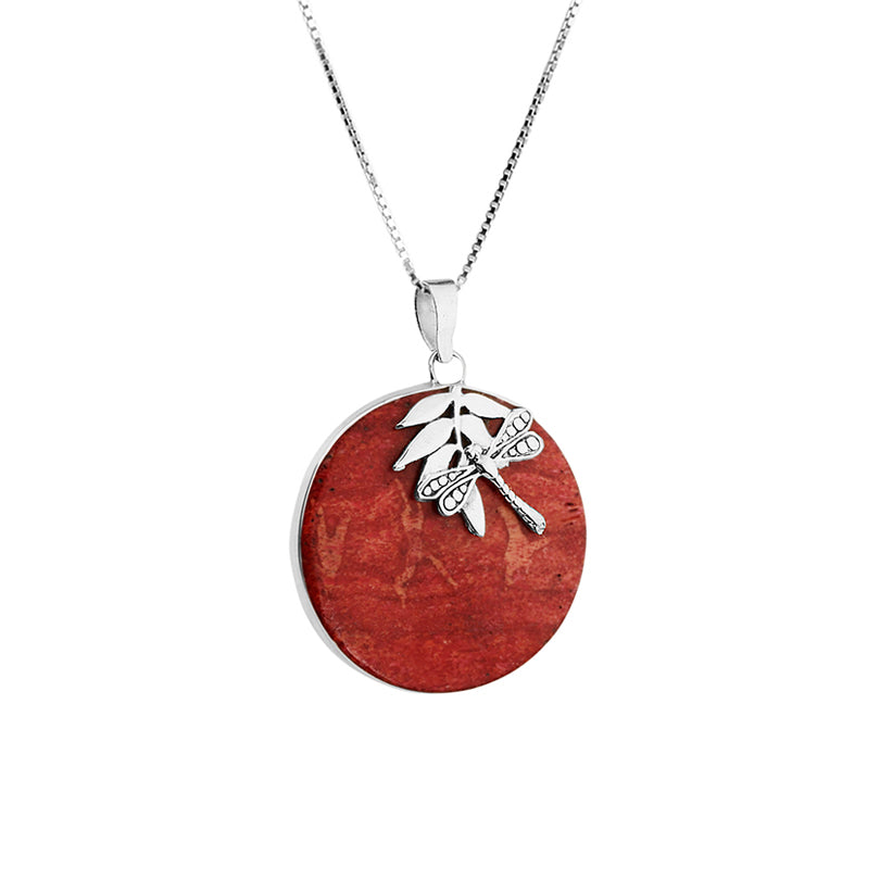 Whimsical Dragonfly Coral Sterling Silver Pendant Necklace