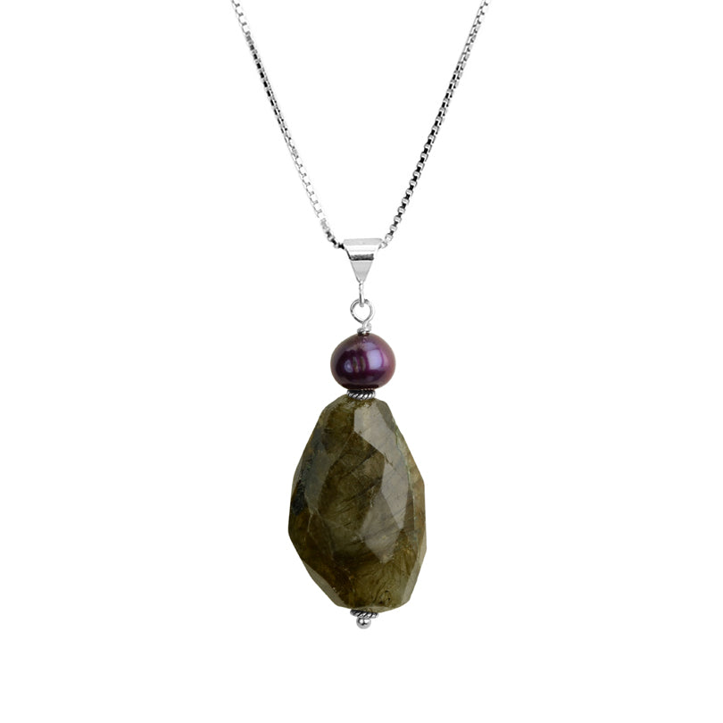 Dramatic Labradorite and Purple Pearl Sterling Silver Necklace