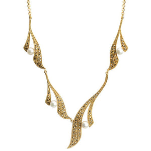 Gorgeous 14kt Gold Plated Marcasite with Pearls Statement Necklace