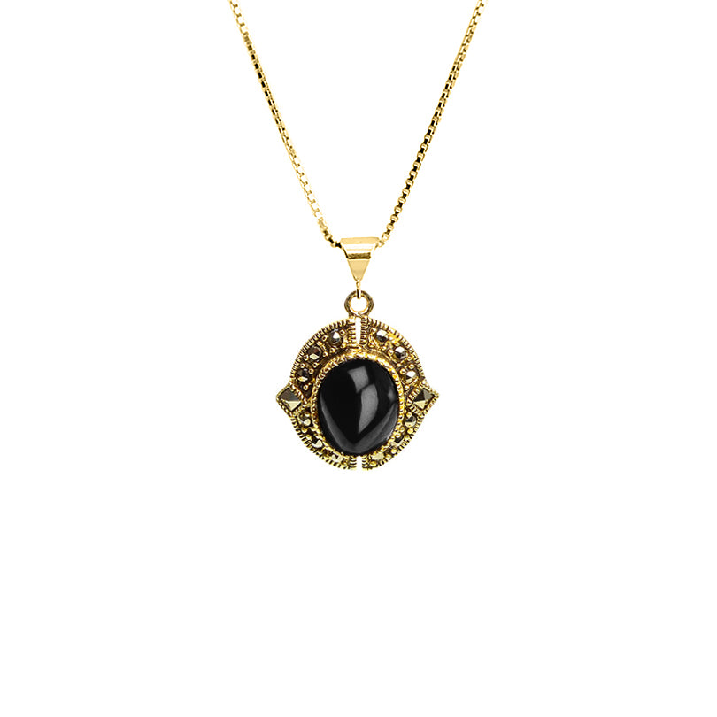 Petite Black Onyx and Marcasite on Italian 18kt Gold Plated Silver Necklace