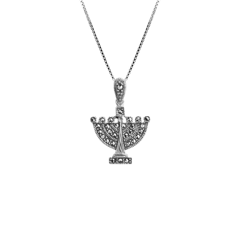 Miniature Marcasite Menorah Sterling Silver Necklace 16" - 18"