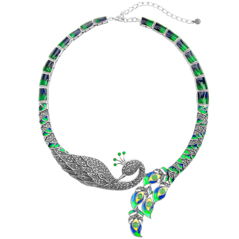 Sterling Silver Imperial Peacock Marcasite with Mosaic Blue-Green Enamel Necklace