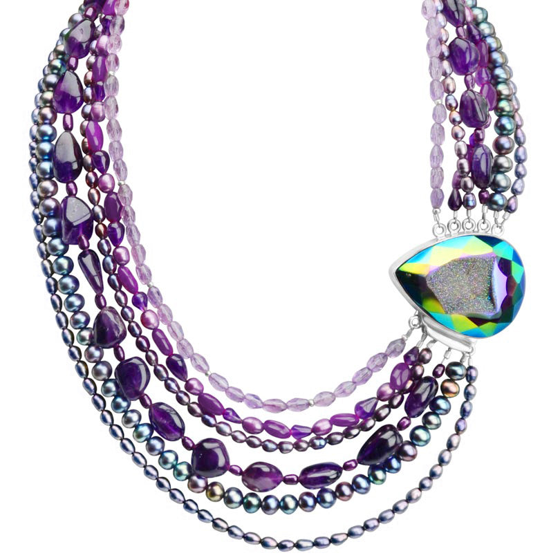 Fabulous Faceted Rainbow Purple Titanium Drusy Multi Strand Statement Necklace.
