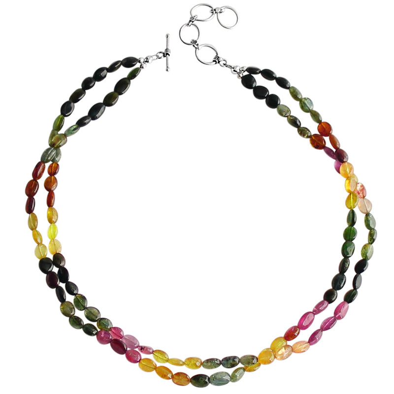 Gorgeous Rich Colors of Natural Tourmaline Double Strand Beaded Sterling Silver Necklace