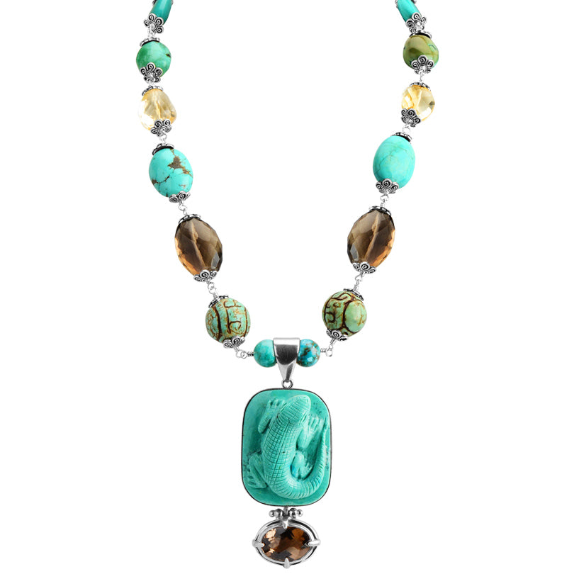 Gorgeous Carved Turquoise Lizard, Smoky and Lemon Quartz Sterling Silver Statement Necklace 18" - 20" one of a kind