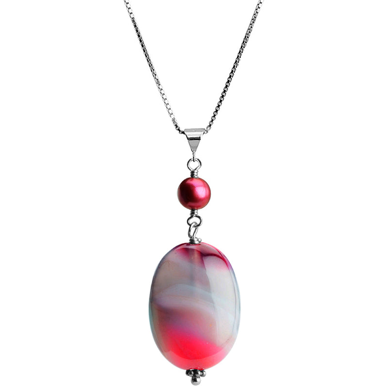 Rose Agate and Fresh Water Pearl Sterling Silver Necklace 16