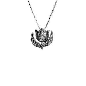 Darling Tulip Marcasite Flower Sterling Silver Necklace
