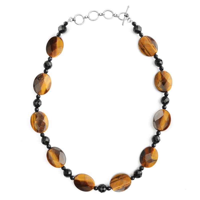 Faceted Tiger's Eye And Black Onyx Sterling Silver Necklace