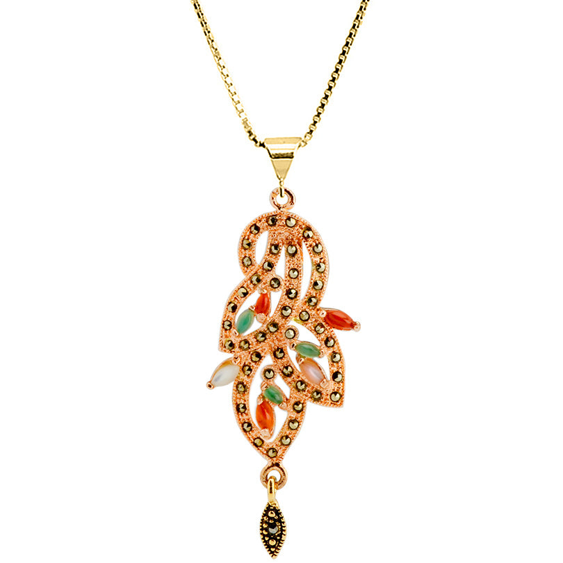 Art Deco Inspired Semiprecious stones Rose Gold Plated Marcasite Necklace