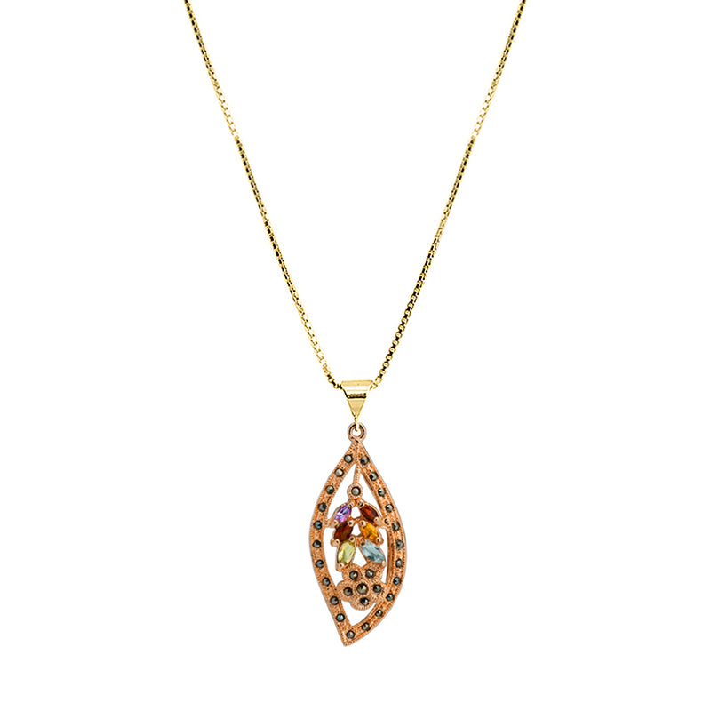 Beautiful Mixed Gemstones and Marcasite Rose Gold Plated Leaf Necklace