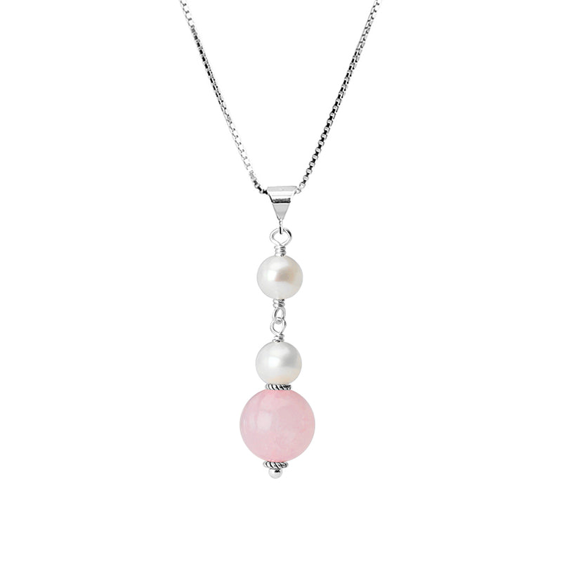 Rose Quartz and Fresh Water Pearl Sterling Silver Necklace 16