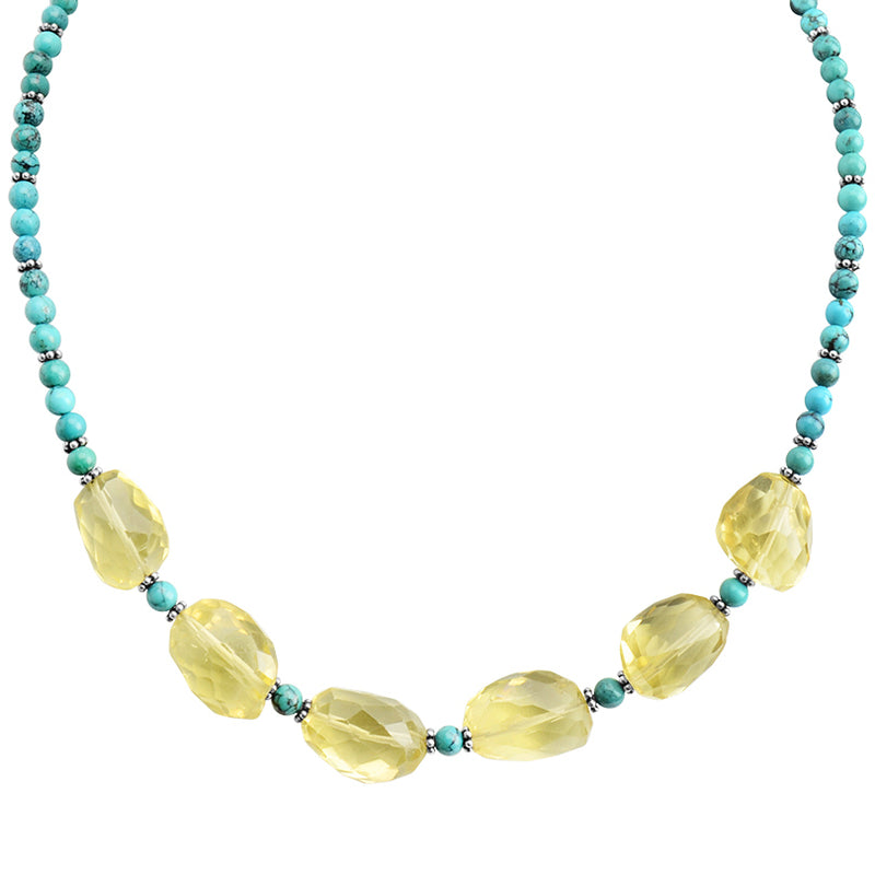 So Pretty Sparkling Lemon Quartz and Turquoise Sterling Silver Necklace