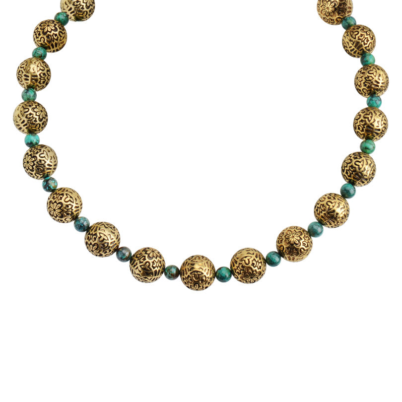 Vintage Design Brass Tone Spheres with Turquoise Accents Necklace 18"