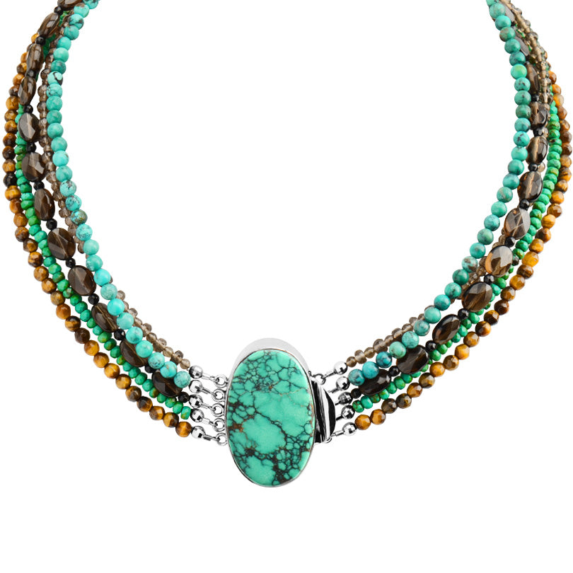 Stunning Turquoise, Smoky Quartz and Tiger's Eye Sterling Silver Statement Necklace