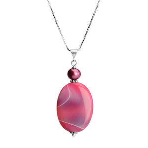 Rose Agate and Fresh Water Pearl Sterling Silver Necklace 16" - 18"