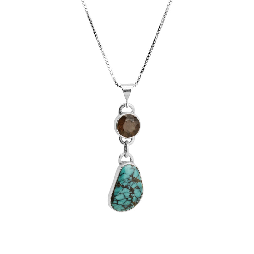 Genuine Turquoise and Smoky Quartz Sterling Silver Necklace