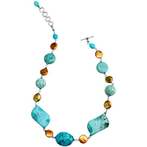 Beautiful Chalk Turquoise and Gold Coin Pearl Sterling Silver Statement Necklace