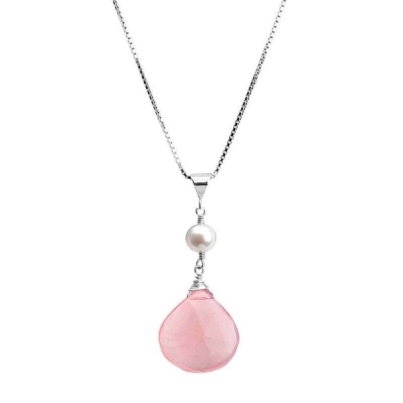 Fresh Water Pearl and Faceted Rose Quartz Sterling Silver Necklace