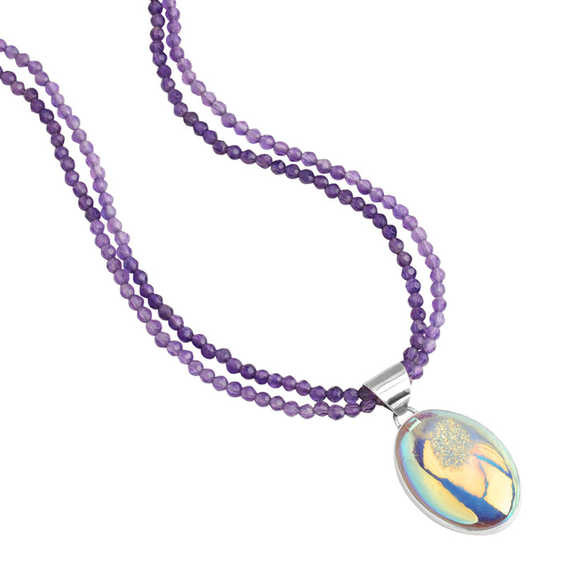 Sizzling Titanium Drusy on Amethyst  Beaded Neckline Sterling Silver Statement Necklace