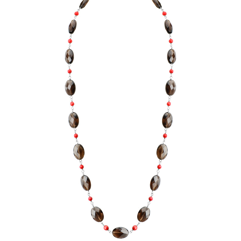 Beautiful Faceted Smoky Quartz with Red Coral Accent Sterling Silver Necklace 27"