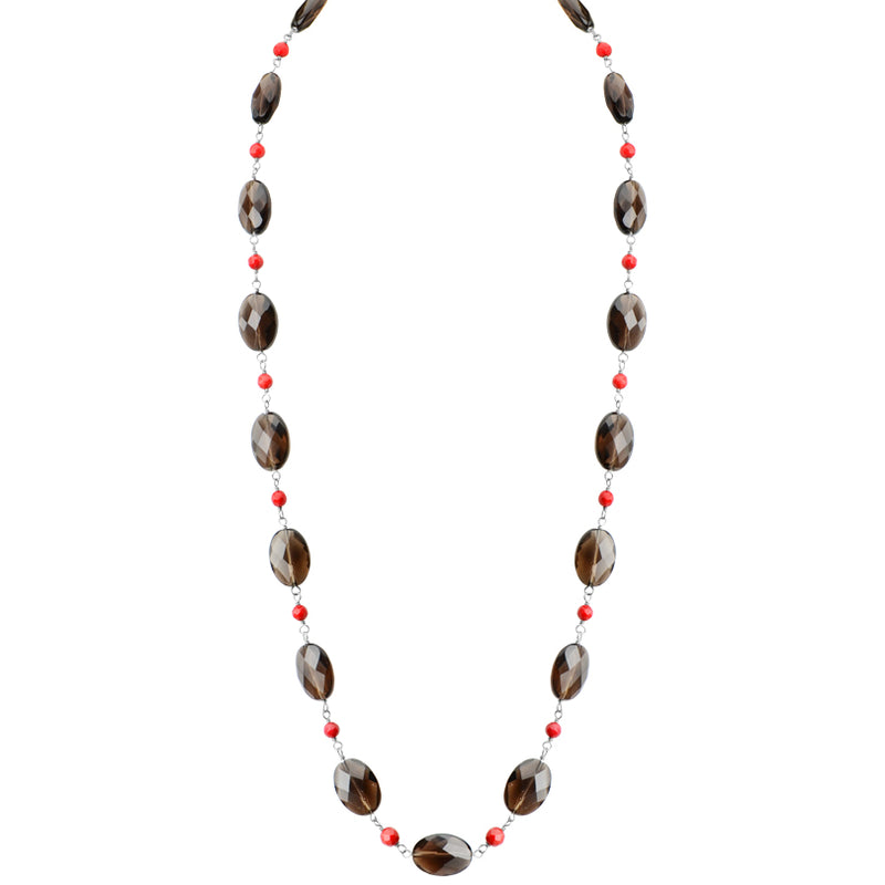 Beautiful Faceted Smoky Quartz with Red Coral Accent Sterling Silver Necklace 27