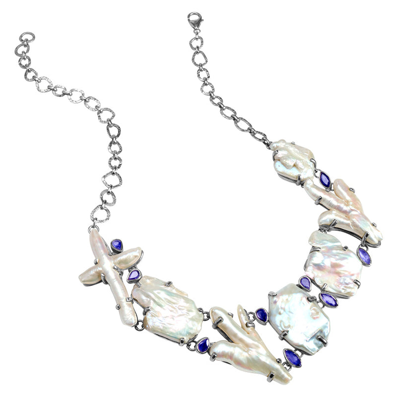 Magnificent Fresh Water Pearl and Iolite Sterling Silver Statement Necklace