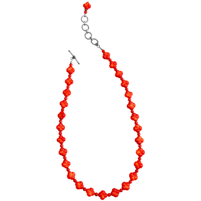 Lovely Carved Coral Flowers Sterling Silver Necklace
