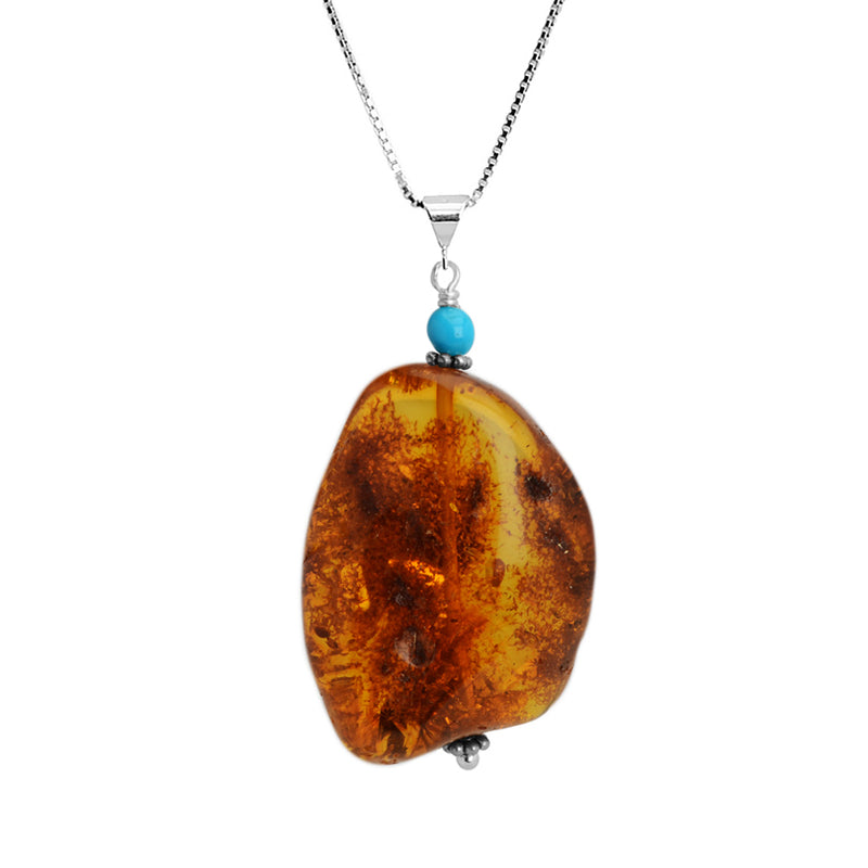 Natural Cognac Baltic Amber and Sleeping Beauty Turquoise Sterling Silver Necklace