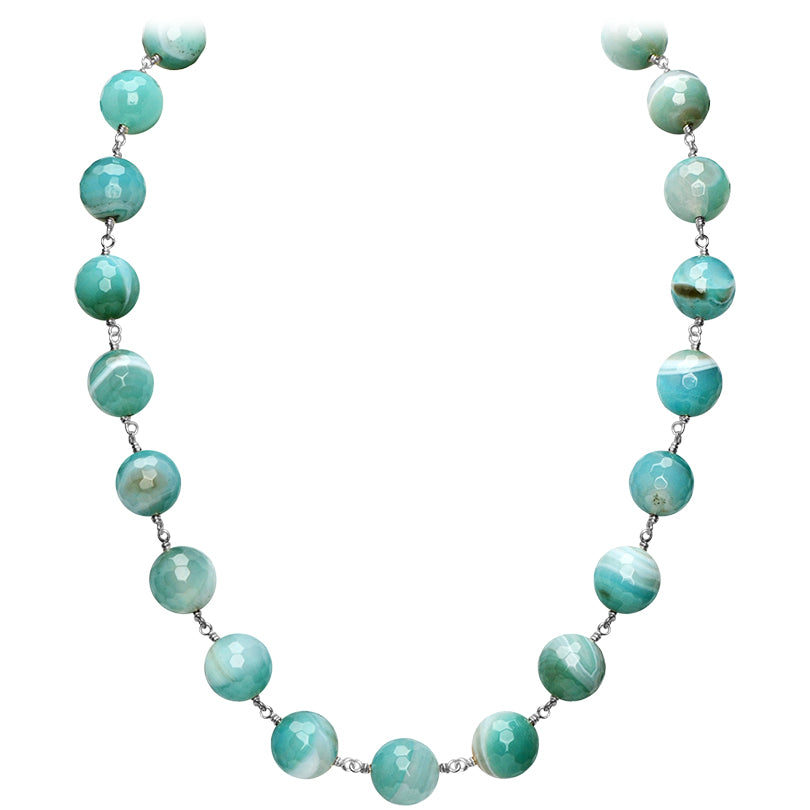 Lovely Ocean Blue Striped Agate Ball Sterling Silver Statement Necklace 18" - 20"