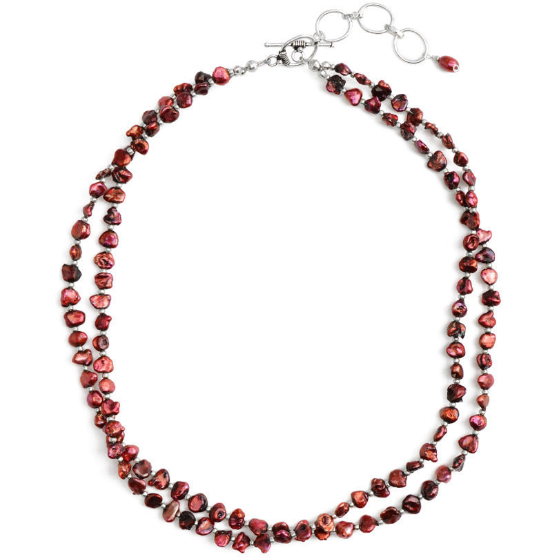 Petite Ruby Red Keshi Fresh Water Pearl Double Strand Sterling Silver Necklace 16" - 18"
