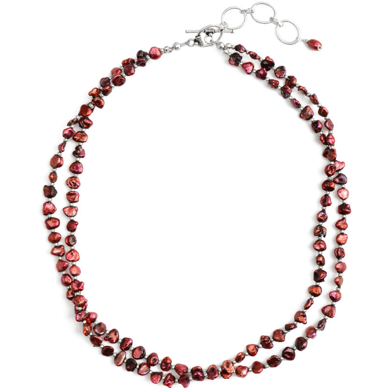 Petite Ruby Red Keshi Fresh Water Pearl Double Strand Sterling Silver Necklace 16