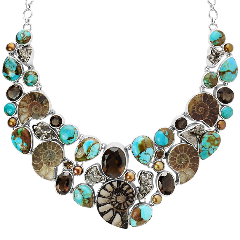 Masterpiece Turquoise, Ammonite, & Smoky Quartz Sterling Silver Statement Necklace