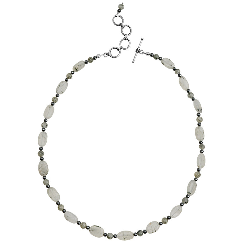 Stunning Black Rutiliated Translucent Qaurtz with Hematite Sterling Silver Necklace