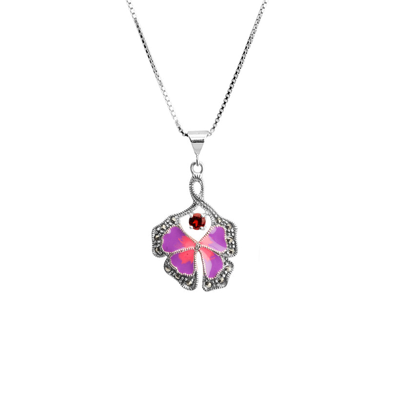 Petite Flower with Garnet and Marcasite Sterling Silver Flower Necklace