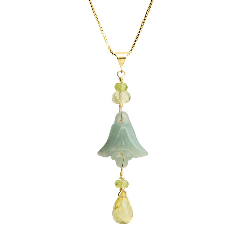 Gorgeous Carved Jade and Lemon Quartz 18kt Gold Plated Petite Flower on Italian Necklace