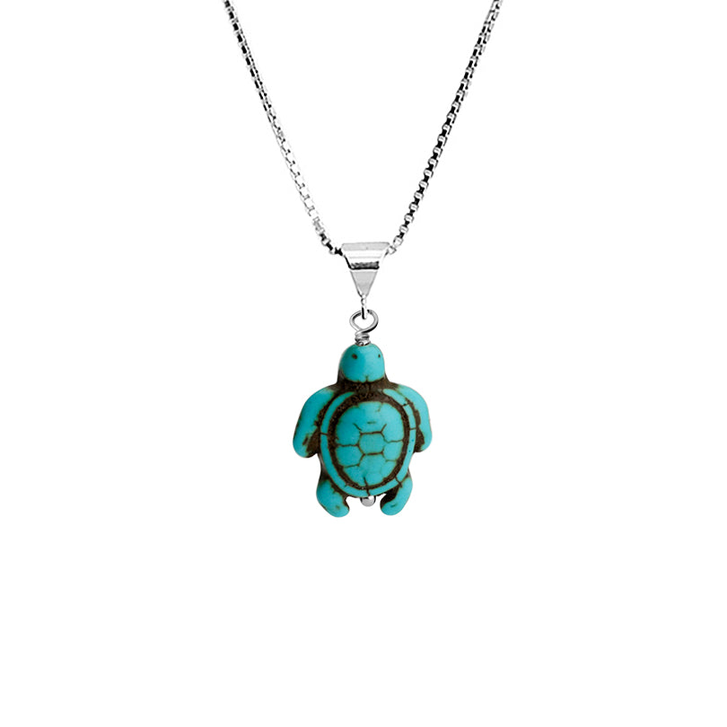 Adorable Turtle Turquoise Color Magnesite on Rhodium Sterling Silver Chain