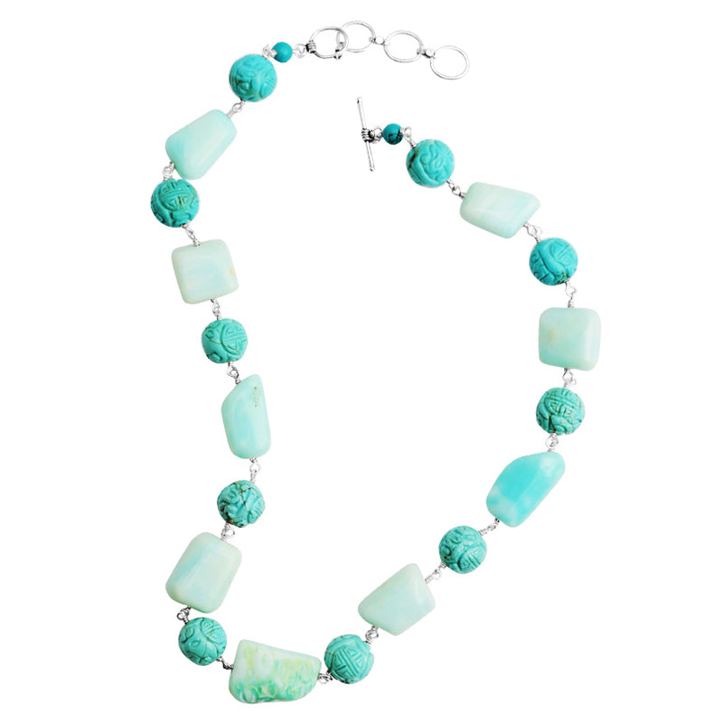 Beautiful Carved Chalk Turquoise and Peruvian Opal Stones Sterling Silver Necklace