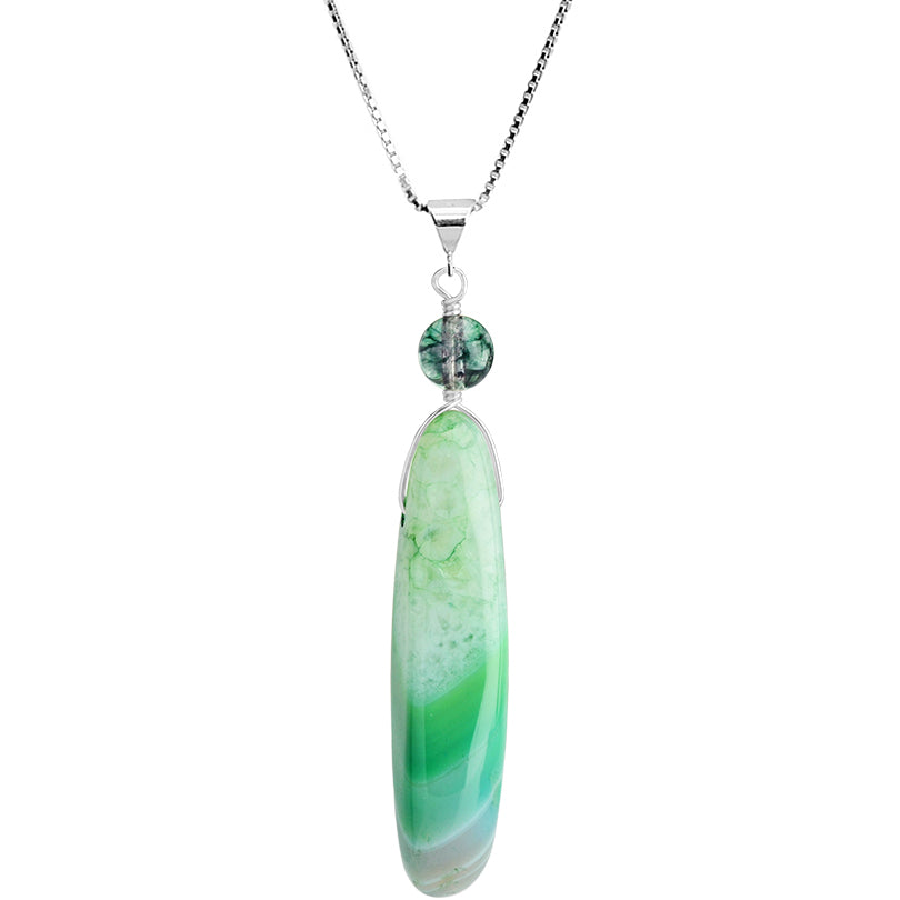 Gorgeous Long Green Agate and Tourmaline Crystal Sterling Silver Necklace