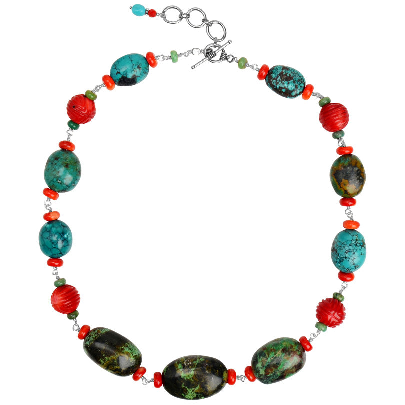 Gorgeous Genuine Turquoise and Carved Coral Sterling Silver Statement Necklace 19" - 21"