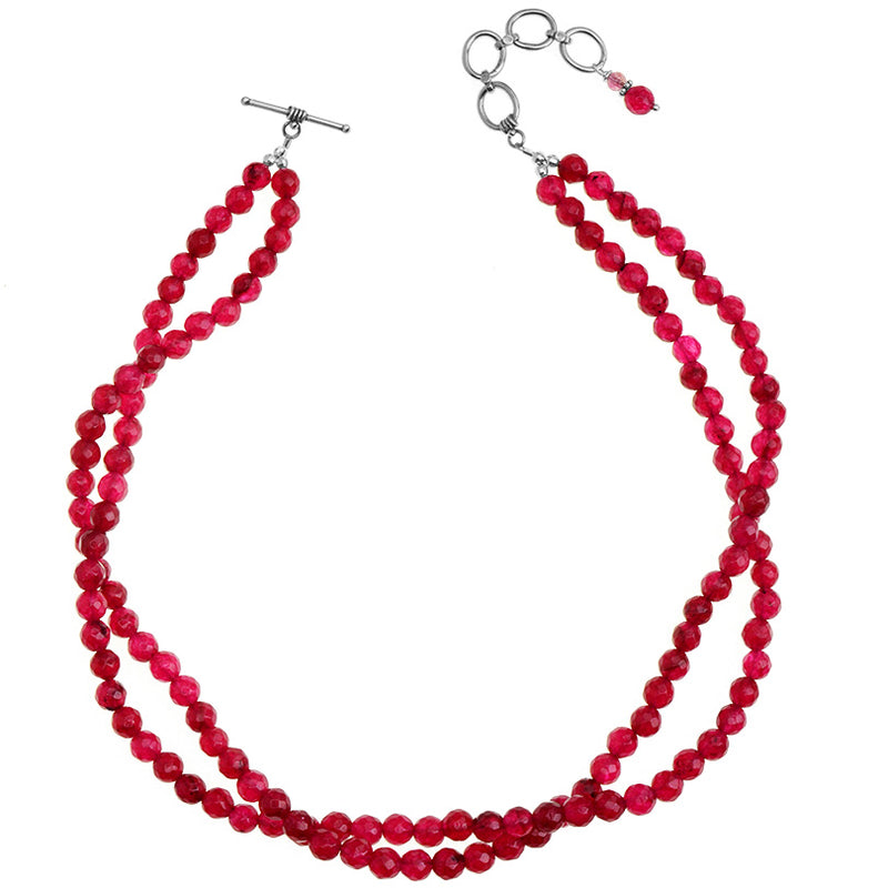 Stunning Ruby Red Jade Double Strand Sterling Silver Beaded Necklace
