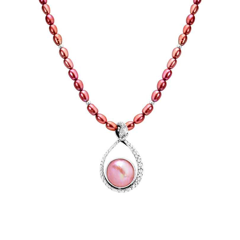 Lovely Rose Color Mabe Pearl Sterling Silver Snake Design Necklace Bale