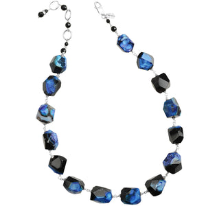 Rich River Blue and Black Colors of Agate Stones Sterling Silver Necklace 21"