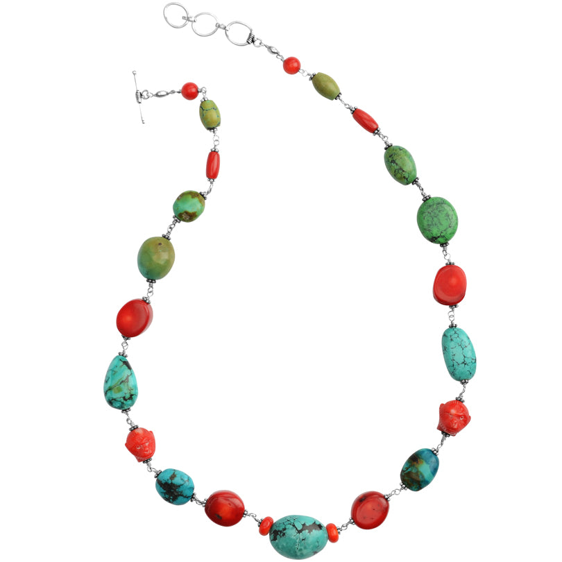 Genuine Turquoise and Coral Sterling Silver Necklace 23"