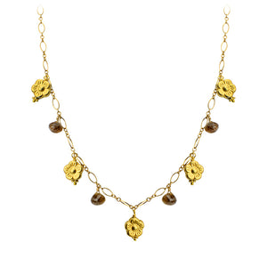 Delicate Smoky Quartz with Gold Plated Flowers Necklace 16" - 18"
