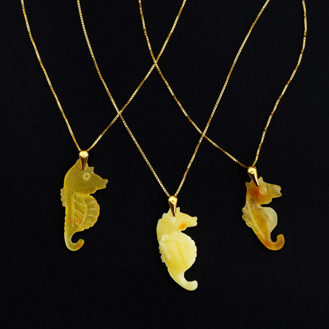 Hand-Carved Baltic Amber Sea Horse Pendant on 18kt Gold Plated Sterling Silver Italian Necklace.