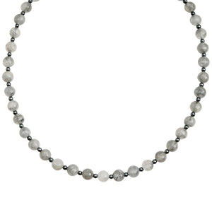 Fashionable Black Rutiliated Quartz and Hematite Sterling Silver Necklace 18" - 20"